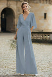 Simple Ivory V-Neck Flutter Sleeves Wedding Jumpsuit with Pocket