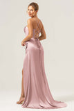 Sage Mermaid Spaghetti Straps Corset Satin Bridesmaid Dress with Slit