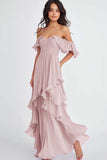 Black Ruffled Pleated Off the Shoulder A Line Formal Dress