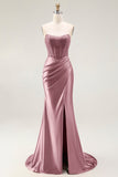 Sparkly Blush Mermaid Beaded Strapless Long Corset Formal Dress With Slit