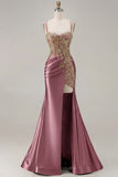 Sparkly Dark Green Satin Mermaid Beaded Sequin Long Formal Dress with Slit