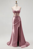 Sparkly Champagne Mermaid Corset Beaded Side Streamer Long Formal Dress with Slit
