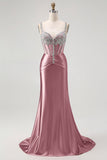 Sparkly Mermaid Blush Spaghetti Straps Corset Long Formal Dress with Sequins