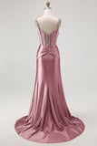 Sparkly Mermaid Blush Spaghetti Straps Corset Long Formal Dress with Sequins