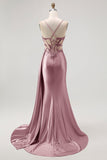 Sparkly Champagne Mermaid Corset Beaded Side Streamer Long Formal Dress with Slit