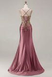 Sparkly Dark Green Satin Mermaid Beaded Sequin Long Formal Dress with Slit