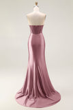 Sparkly Blush Mermaid Beaded Strapless Long Corset Formal Dress With Slit