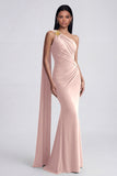 Olive Mermaid One Shoulder Long Formal Dress with Side Cape