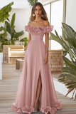 Off The Shoulder Red A Line Ruffled Long Formal Dress With Slit