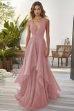 Black Ruffled A Line Chiffon V Neck Long Formal Dress