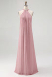 Sky Blue Chiffon Sheath Halter Long Boho Formal Dress