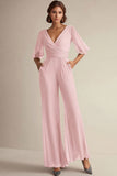 Navy V-neck Half Sleeves Chiffon Mother of the Bride Jumpsuits