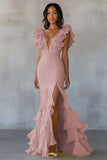 Yellow Chiffon V-Neck Long Mermaid Ruffles Formal Dress with Slit