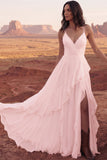 Ivory Spaghetti Straps A Line Ruffled Boho Wedding Dress with Slit