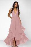 Red Deep V Neck Ruched Ruffles A Line Formal Dress