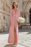 Simple Ivory Sheath Deep V-Neck Long Sleeves Wedding Dress with Slit