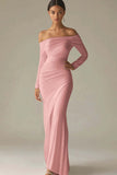 White Mermaid Off the Shoulder Long Sleeves Ruched Satin Long Formal Dress