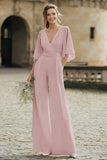 Simple Ivory V-Neck Flutter Sleeves Wedding Jumpsuit with Pocket