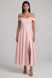 A-Line Off the Shoulder Yellow Corset Maxi Wedding Guest Dress with Slit