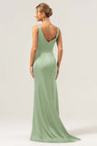 Dark Green Sheath V Neck Ruched High-Low Bridesmaid Dress with Slit