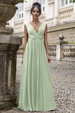 Dusty Sage A Line V Neck Chiffon Long Bridesmaid Dress with Lace Up Back