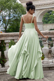 Dusty Sage A Line Spaghetti Straps Long Bridesmaid Dress with Ruffles