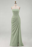 Light Pink Strapless Sheath Ruched Long Formal Dress with Slit