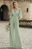 Simple Ivory V-Neck Flutter Sleeves Wedding Jumpsuit with Pocket