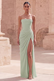 Light Pink Strapless Sheath Ruched Long Formal Dress with Slit