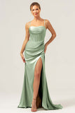 Sage Mermaid Spaghetti Straps Corset Satin Bridesmaid Dress with Slit