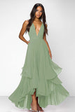 Red Deep V Neck Ruched Ruffles A Line Formal Dress