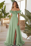 Off The Shoulder Red A Line Ruffled Long Formal Dress With Slit