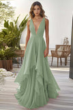 Black Ruffled A Line Chiffon V Neck Long Formal Dress