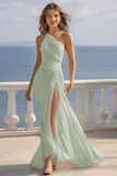 Ivory One Shoulder Pleated Maxi Boho Formal Dress with Slit