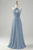 Dusty Blue A Line Halter Cut Out Long Bridesmaid Dress with Flower