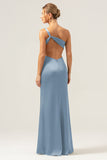 Olive Mermaid One Shoulder Backless Satin Long Bridesmaid Dress