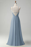 Dusty Blue A Line Halter Cut Out Long Bridesmaid Dress with Flower