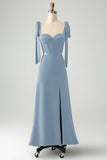 Olive A-Line Spaghetti Straps Floor Length Wedding Guest Dress with Slit