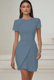 Ivory Satin A Line Pleated Short Work Dress with Short Sleeves
