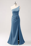 Dusty Blue One Shoulder Mermaid Satin Long Bridesmaid Dress