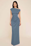 Black Satin Sheath Ruched One Shoulder Long Formal Dress