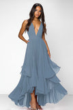 Black Deep V Neck Ruched Ruffles A Line Formal Dress
