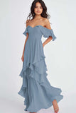 Lilac Ruffled Pleated Off the Shoulder A Line Formal Dress