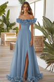 Off The Shoulder Blue A Line Ruffled Long Formal Dress With Slit