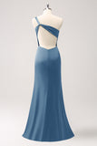 Dusty Blue One Shoulder Mermaid Satin Long Bridesmaid Dress