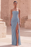 Light Pink Strapless Sheath Ruched Long Formal Dress with Slit