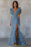 Yellow Chiffon V-Neck Long Mermaid Ruffles Formal Dress with Slit