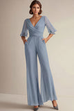 Navy V-neck Half Sleeves Chiffon Mother of the Bride Jumpsuits
