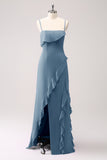 Tahiti Ruffle Spaghetti Straps Chiffon Long Bridesmaid Dress with Slit