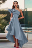 Burgundy Satin One Shoulder High-Low Ruffled A Line Formal Dress